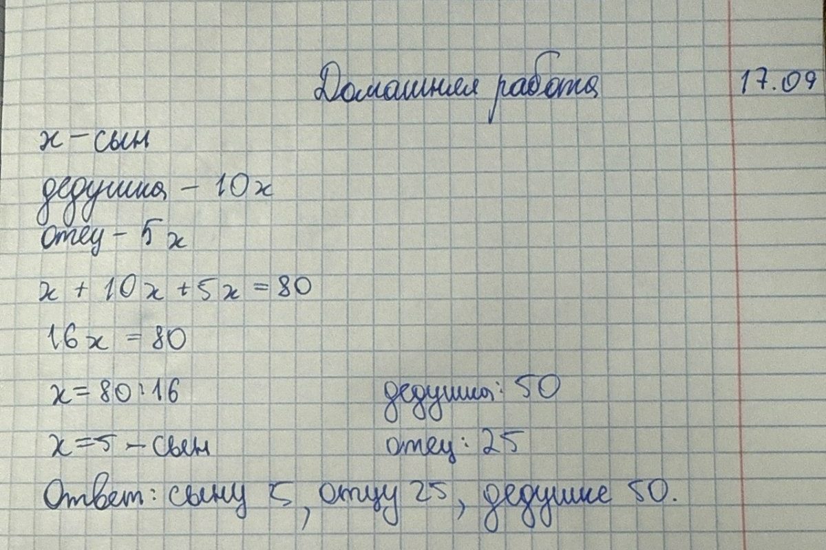 Фото страницы тетради «Домашняя работа»: x — сын, дедушка — 10x, отец — 5x; уравнение x + 10x + 5x = 80, 16x = 80, x = 5; ответ: сыну 5, отцу 25, дедушке 50